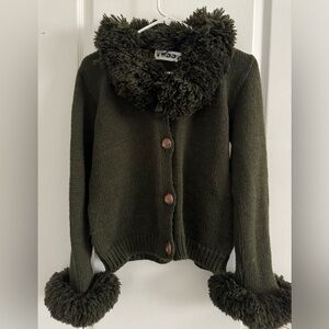 Army Green European Button Down Sweater with Puff Collar and Cuffs By Teddy